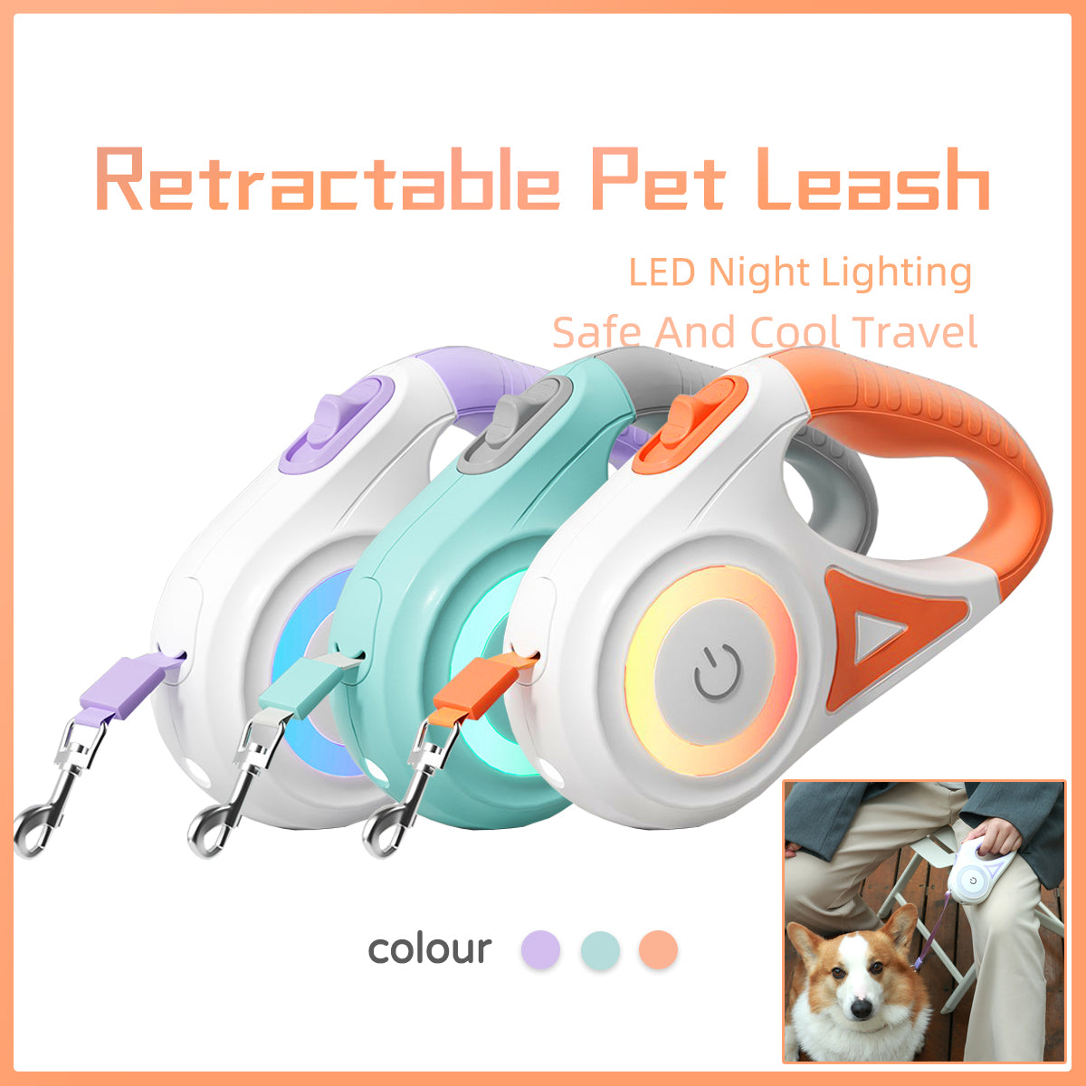 Retractable Dog Leash with Spotlight & Collar